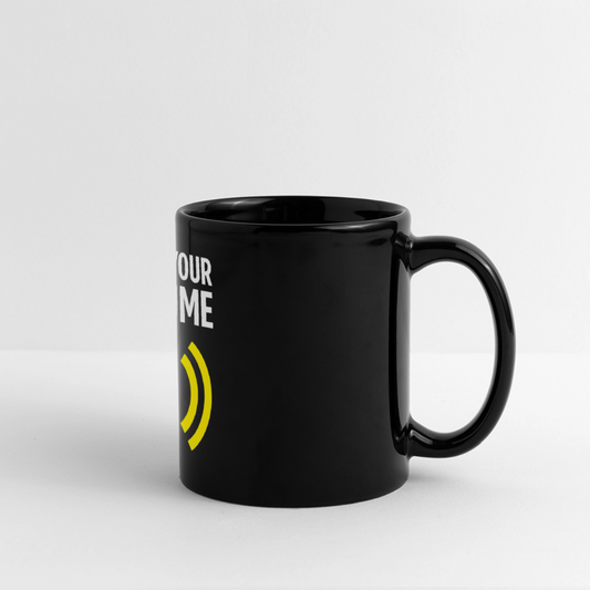 ceramic mug with TURN YOUR VOLUME UP print, blue ZDRAM speech bubble, and yellow sound waves