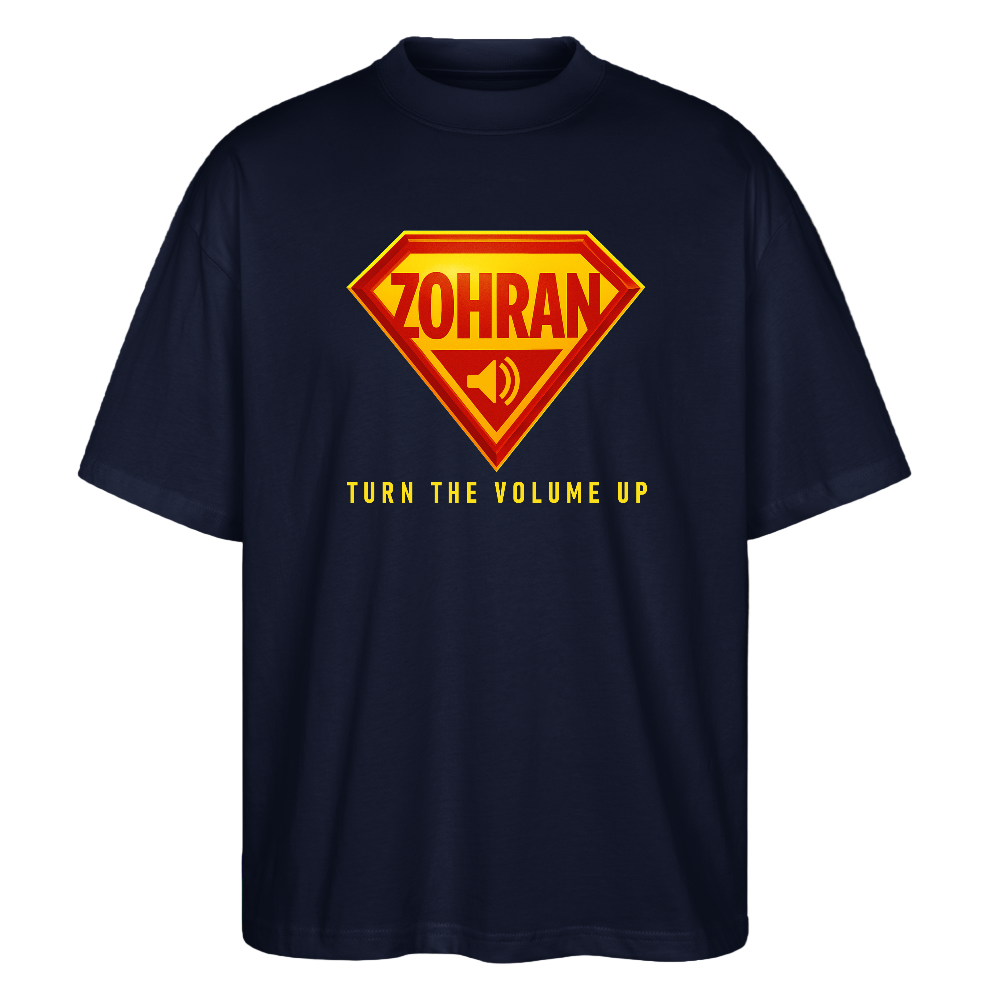 oversized unisex T-shirt with bold ZOHRAN superhero-style print – dropped shoulders, mock neck, organic cotton”