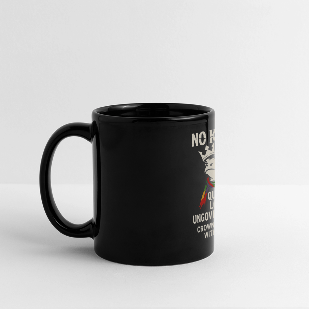 Full Color Panoramic Mug - black
“Black ceramic mug featuring a crowned frog with a rainbow scarf and Pride flag. Text reads: NO KINGS – QUEER. LOUD. UNGOVERNABLE.”