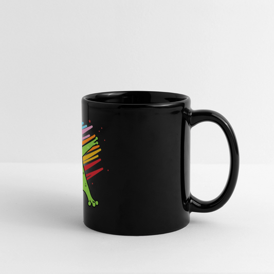 “Queer Pride mug featuring crowned frog in dab pose with rainbow accessories. Playful protest drinkware.”