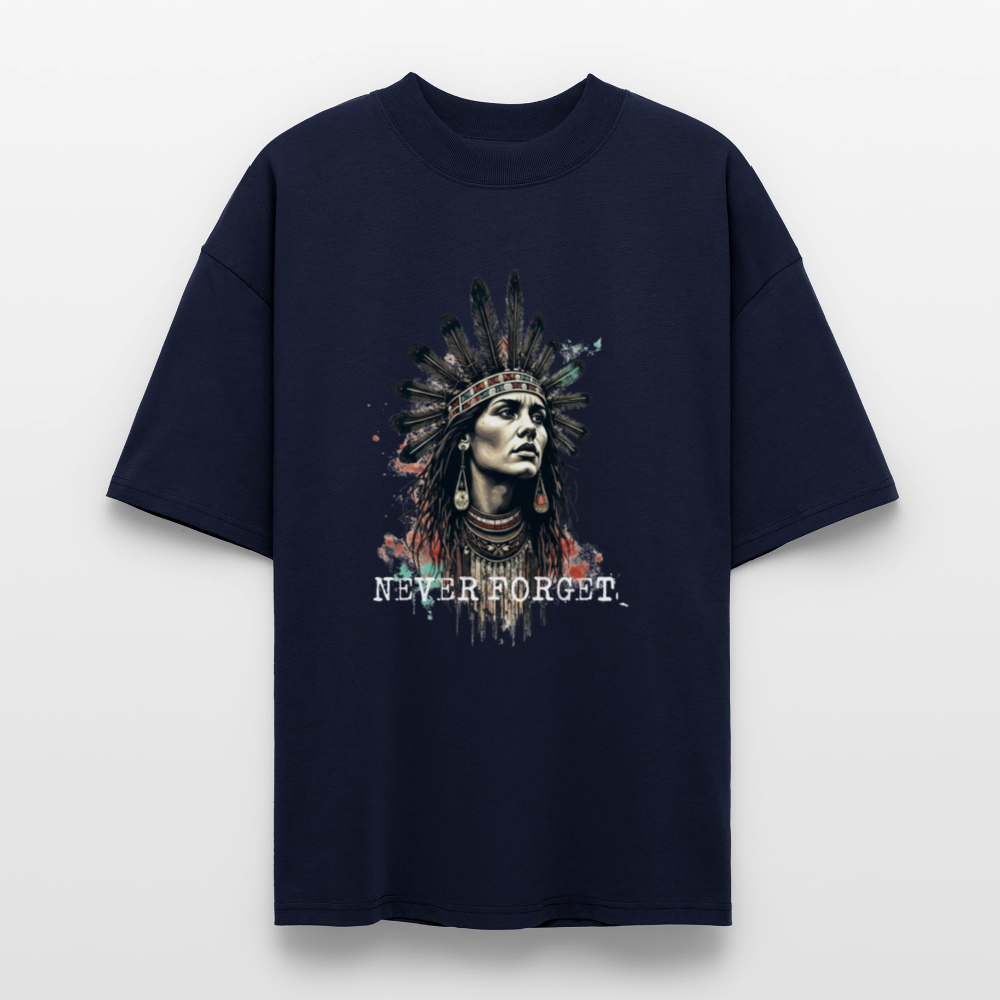 Navy oversized t-shirt featuring a stylized portrait of a Native person in traditional feathered headdress with the text ‘NEVER FORGET.’ Part of the First Nations Edition by History Threads.”