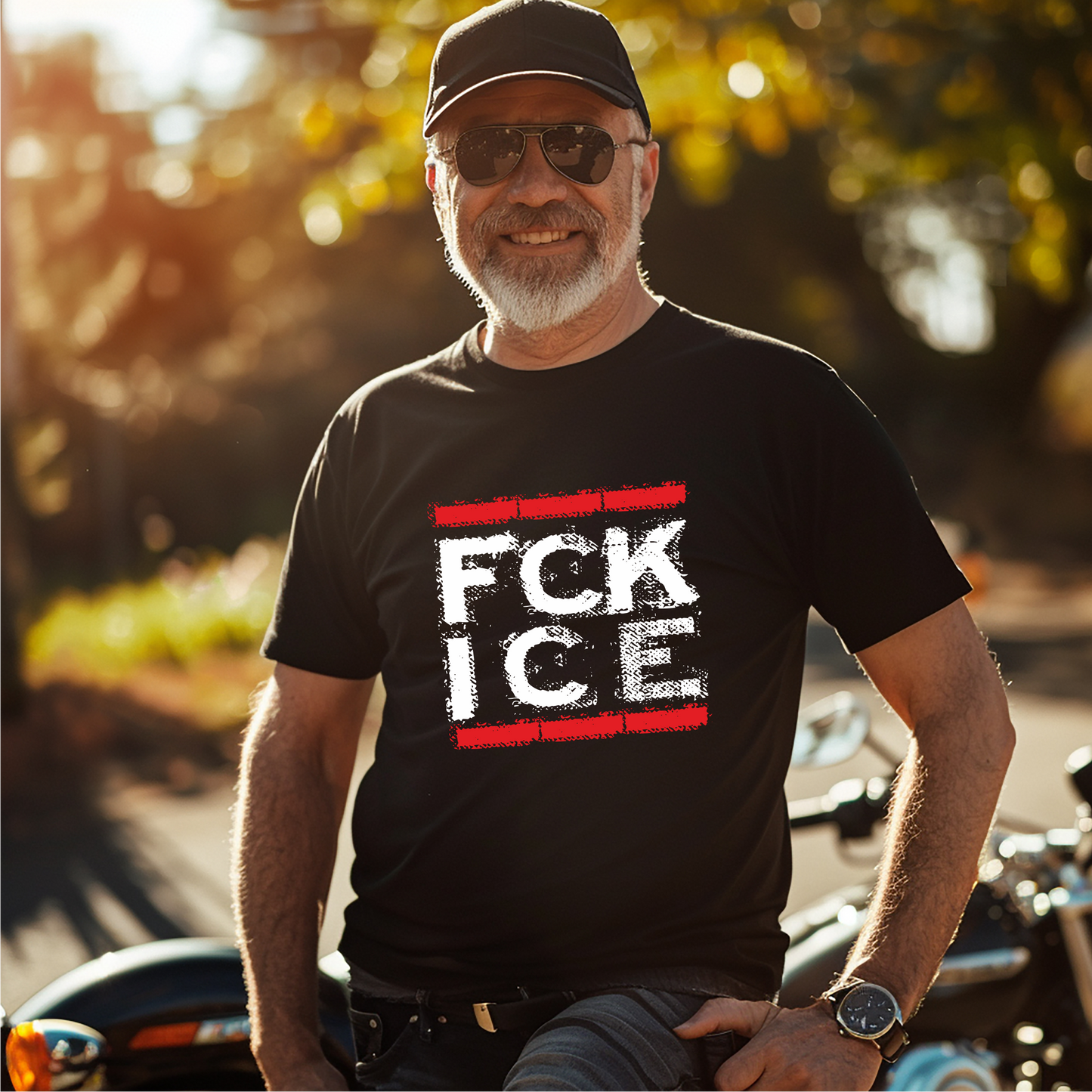 Person wearing FCK ICE shirt in urban setting – political statement tee for human rights and abolition.