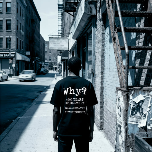 Oversize schwarzes Unisex‑T‑Shirt; Front: distressed blau‑rosa Portrait‑Collage mit Ketten‑Motiv; Rücken: großes, zentriertes „WHY?“; Designthema: Erinnerung an 400 Jahre Sklaverei.