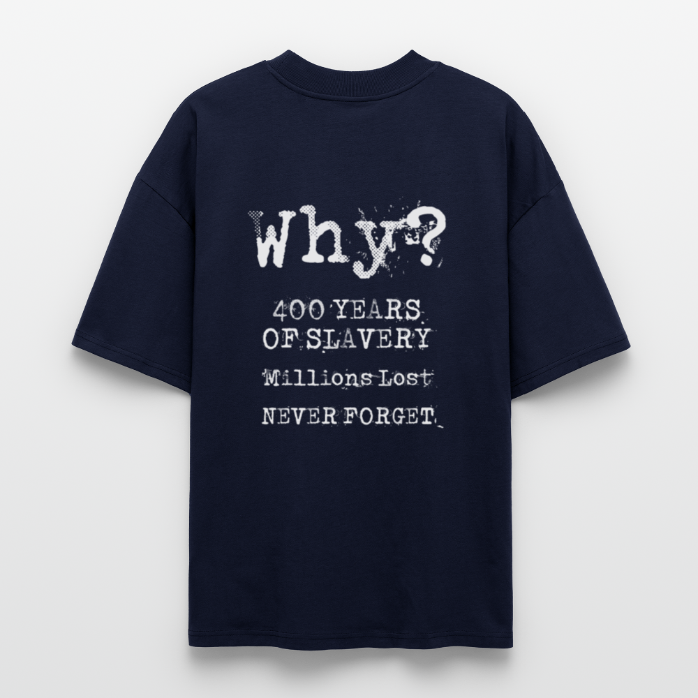 Black unisex T‑shirt with distressed blue‑pink portrait collage and chain motif on front; large centered “WHY?” on back; theme: 400 years of slavery remembrance. backprint
