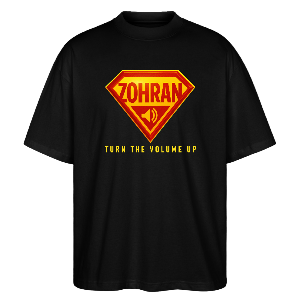 “Black oversized unisex T-shirt with bold ZOHRAN superhero-style print – dropped shoulders, mock neck, organic cotton”