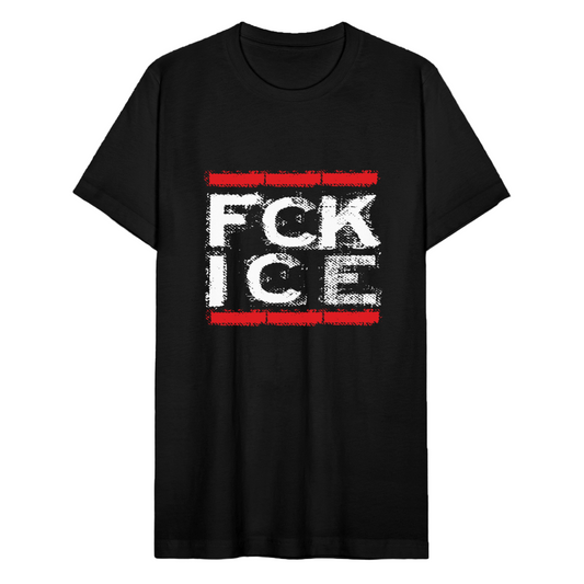Close-up of FCK ICE lettering on soft combed cotton – ethically made protest shirt against ICE and deportation.

