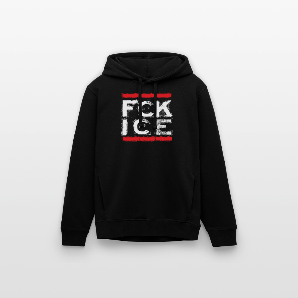 Close-up of FCK ICE lettering on organic cotton hoodie – ethically made sweatshirt against ICE and deportation.

