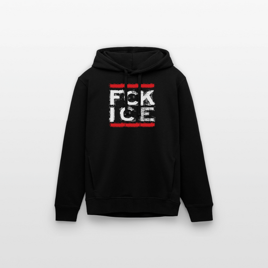 Close-up of FCK ICE lettering on organic cotton hoodie – ethically made sweatshirt against ICE and deportation.

