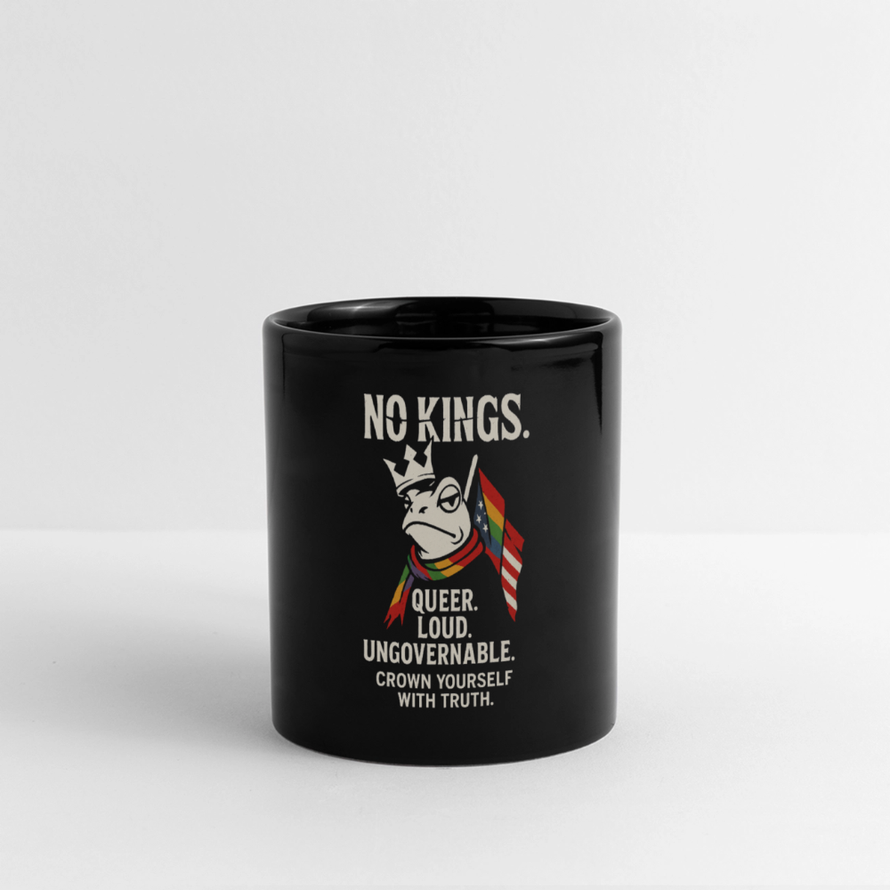 
“Black ceramic mug featuring a crowned frog with a rainbow scarf and Pride flag. Text reads: NO KINGS – QUEER. LOUD. UNGOVERNABLE.”
