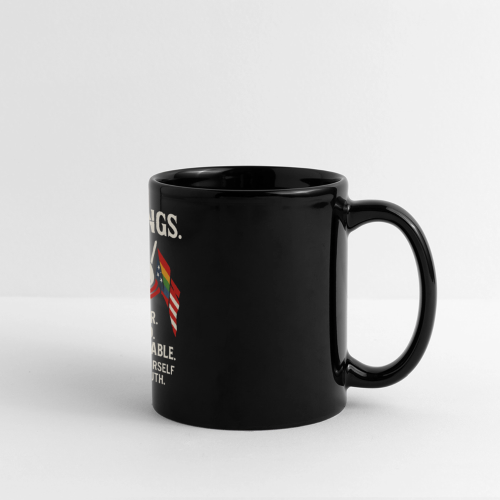 Full Color Panoramic Mug -
“Black ceramic mug featuring a crowned frog with a rainbow scarf and Pride flag. Text reads: NO KINGS – QUEER. LOUD. UNGOVERNABLE.”
