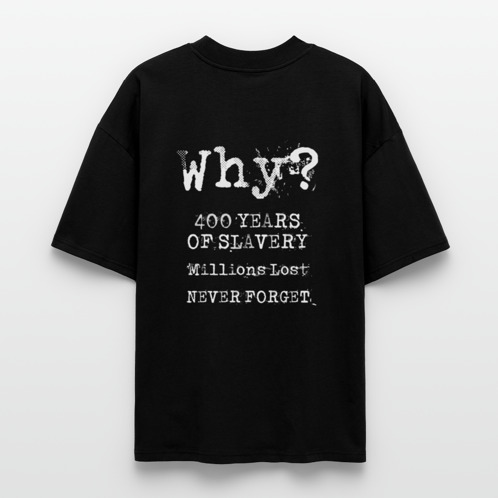 Black unisex T‑shirt with distressed blue‑pink portrait collage and chain motif on front; large centered “WHY?” on back; theme: 400 years of slavery remembrance. backprint