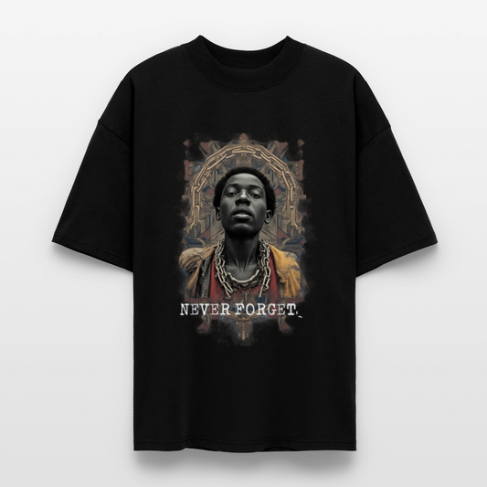 “Black oversized t-shirt featuring a stylized portrait of a Black person with bold ‘NEVER FORGET’ text. Part of the WHY? series by History Threads, honoring Black history and resistance.”