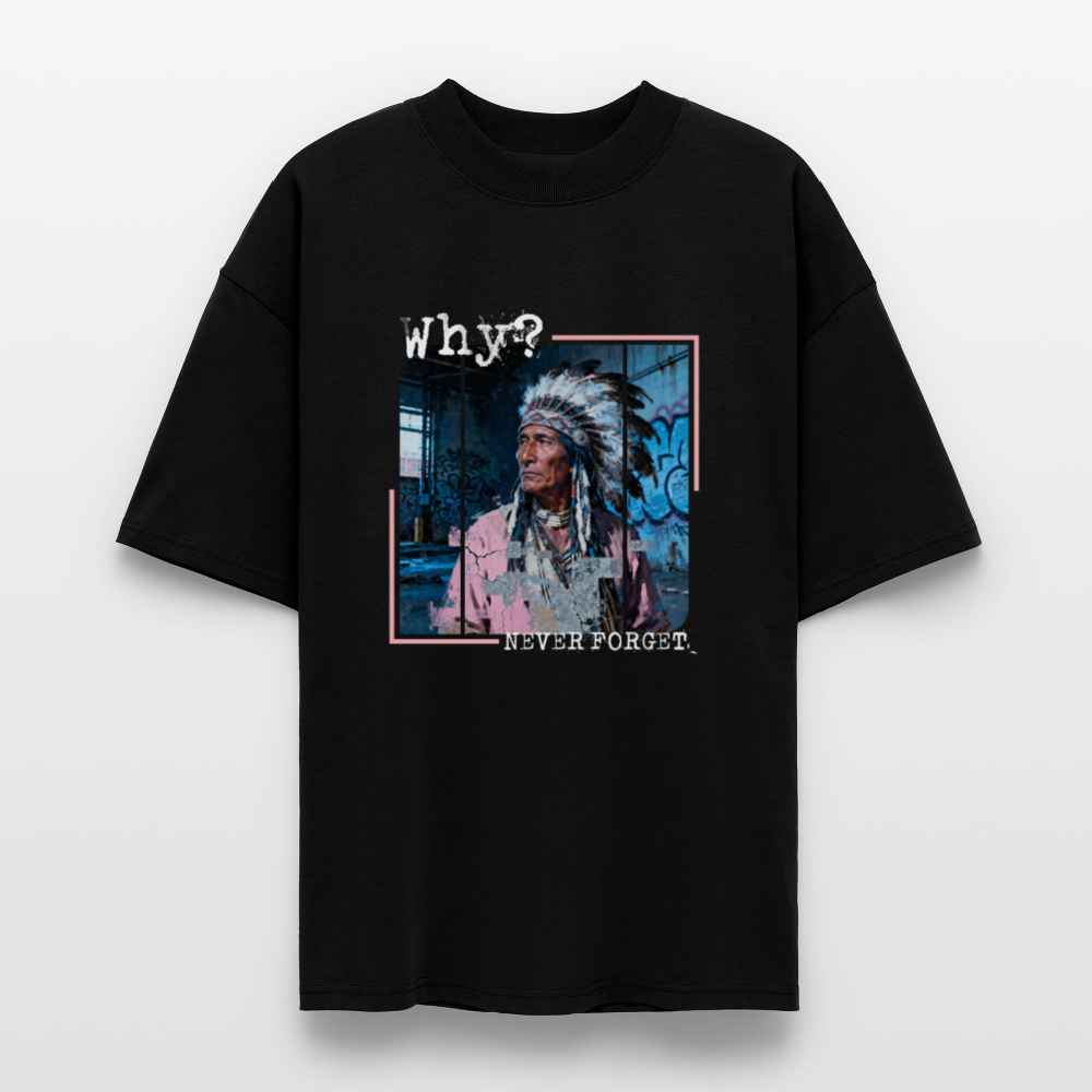 Black oversized unisex t-shirt with bold ‘WHY – We Were First’ print. Native American Edition by History Threads. Ethically printed on organic cotton.”