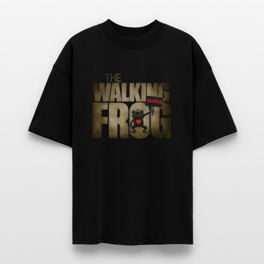Black oversized T-shirt with front print: cartoon frog with white eyes, red heart, and red ANTIFA flag – distressed text reads “THE WALKING FROG”.