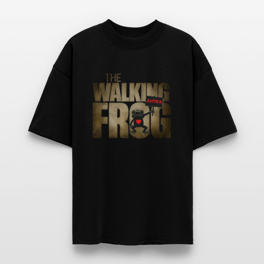Black oversized T-shirt with front print: cartoon frog with white eyes, red heart, and red ANTIFA flag – distressed text reads “THE WALKING FROG”.
