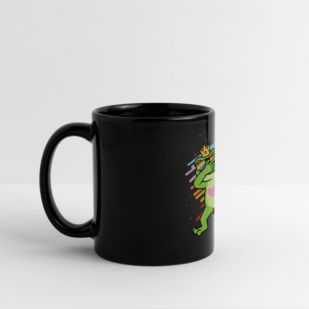 
“Black mug with dabbing frog wearing crown and rainbow sunglasses. Pink heart on chest, rainbow background with stars.”
