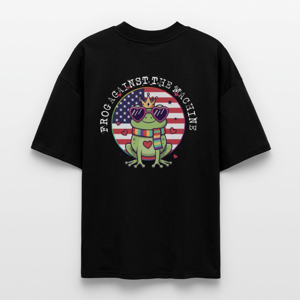 Stanley/Stella Blaster Oversized T-Shirt - black Cartoon frog with heart-shaped sunglasses and rainbow scarf in front of stylized American flag, surrounded by pink hearts – backprint on black oversized T-shirt with “Frog Against the Machine” text.
