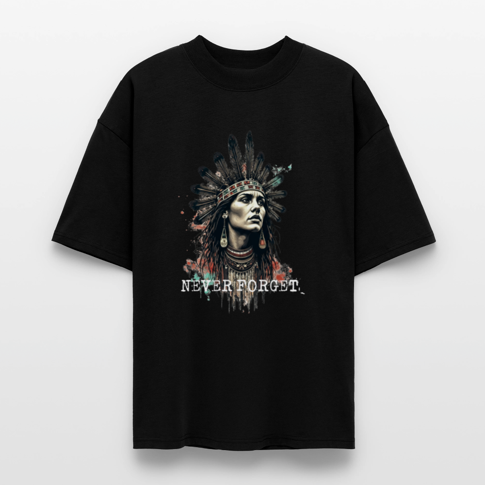 “Black oversized t-shirt featuring a stylized portrait of a Native person in traditional feathered headdress with the text ‘NEVER FORGET.’ Part of the First Nations Edition by History Threads.”