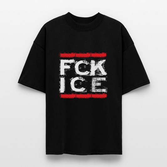Black oversized protest shirt with bold white FCK ICE lettering – activist fashion for migrant justice and abolition.

