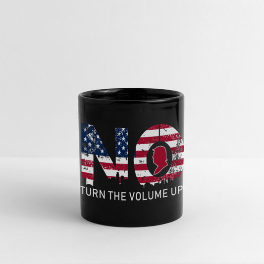 Full Color Panoramic Mug - black Mug with bold “NO” graphic filled with the American flag, red omega symbol in the “O,” and slogan “TURN THE VOLUME UP” with red stars – antifascist design.