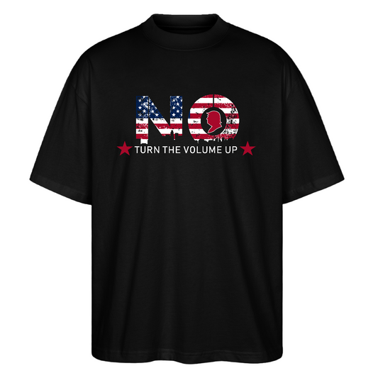 Black T-shirt with “NO” graphic, U.S. flag fill, red omega symbol, and slogan “Turn the Volume Up”