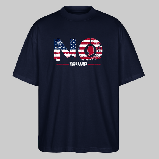 
Navy Stanley/Stella Blaster 2.0 T-shirt with “NO TRUMP” graphic and SOE USA symbolism – oversized, organic cotton, political fashion
