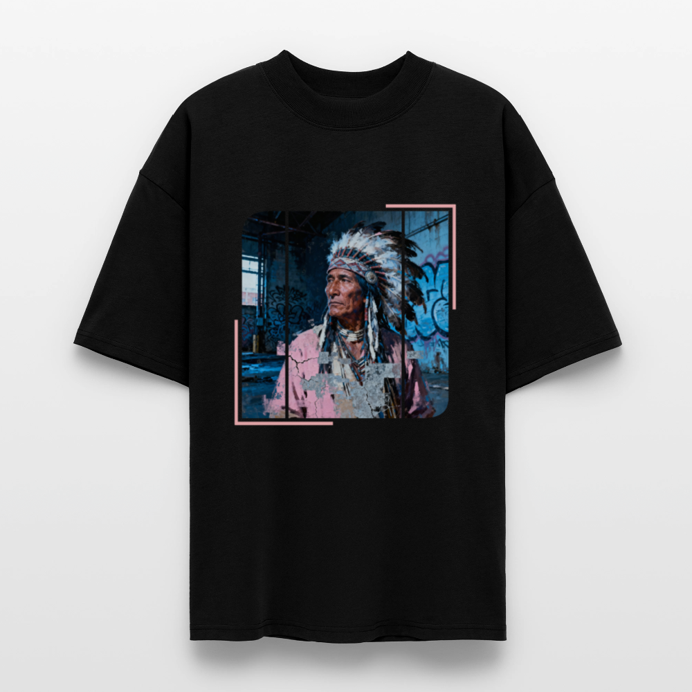 Black unisex oversized T‑shirt with distressed blue‑pink portrait collage and chain motif on the front; large centered “WHY?” on the back; theme: Trail of Tears remembrance.