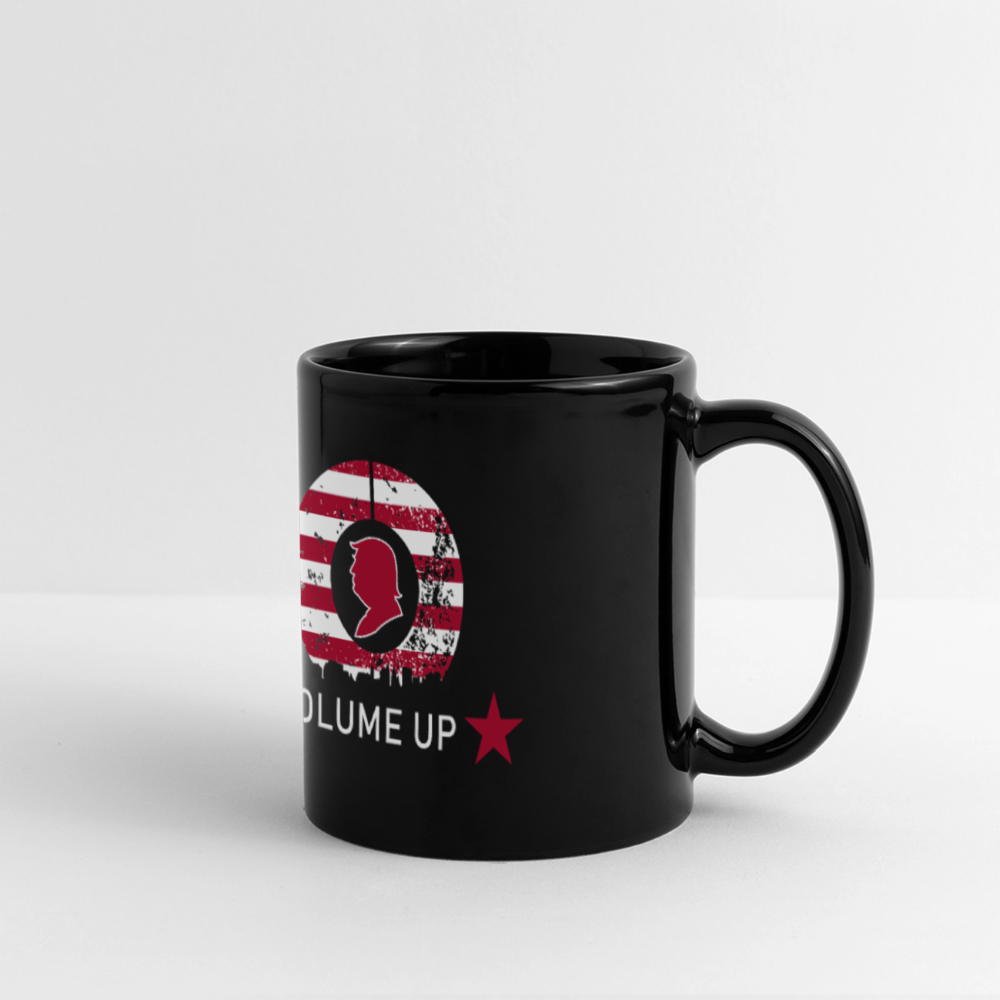 Full Color Panoramic Mug - black. Mug with bold “NO” graphic filled with the American flag, red omega symbol in the “O,” and slogan “TURN THE VOLUME UP” with red stars – antifascist design.