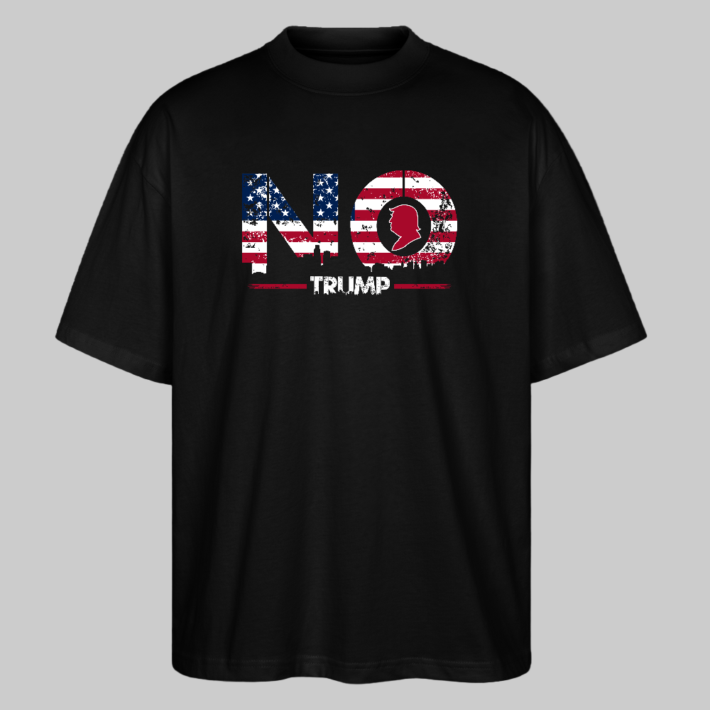 
Black oversized organic T-shirt with “NO TRUMP” print and stylized USA stars – unisex, ethically made, activist statementwear

