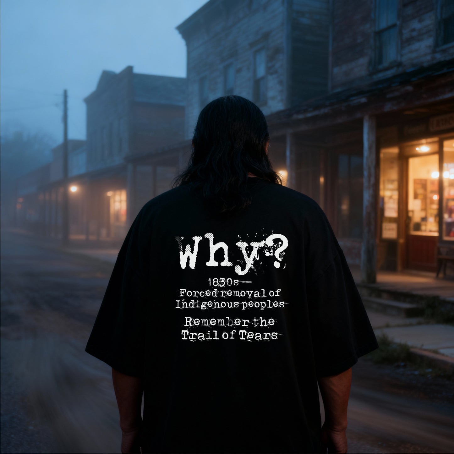 Backprint - Black unisex oversized T‑shirt with distressed blue‑pink portrait collage and chain motif on the front; large centered “WHY?” on the back; theme: Trail of Tears remembrance.
