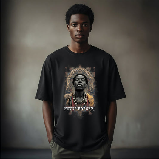 “Man wearing black oversized t-shirt with ‘NEVER FORGET’ text and stylized portrait of a Black individual. Part of the WHY? anti-racism series by History Threads.”