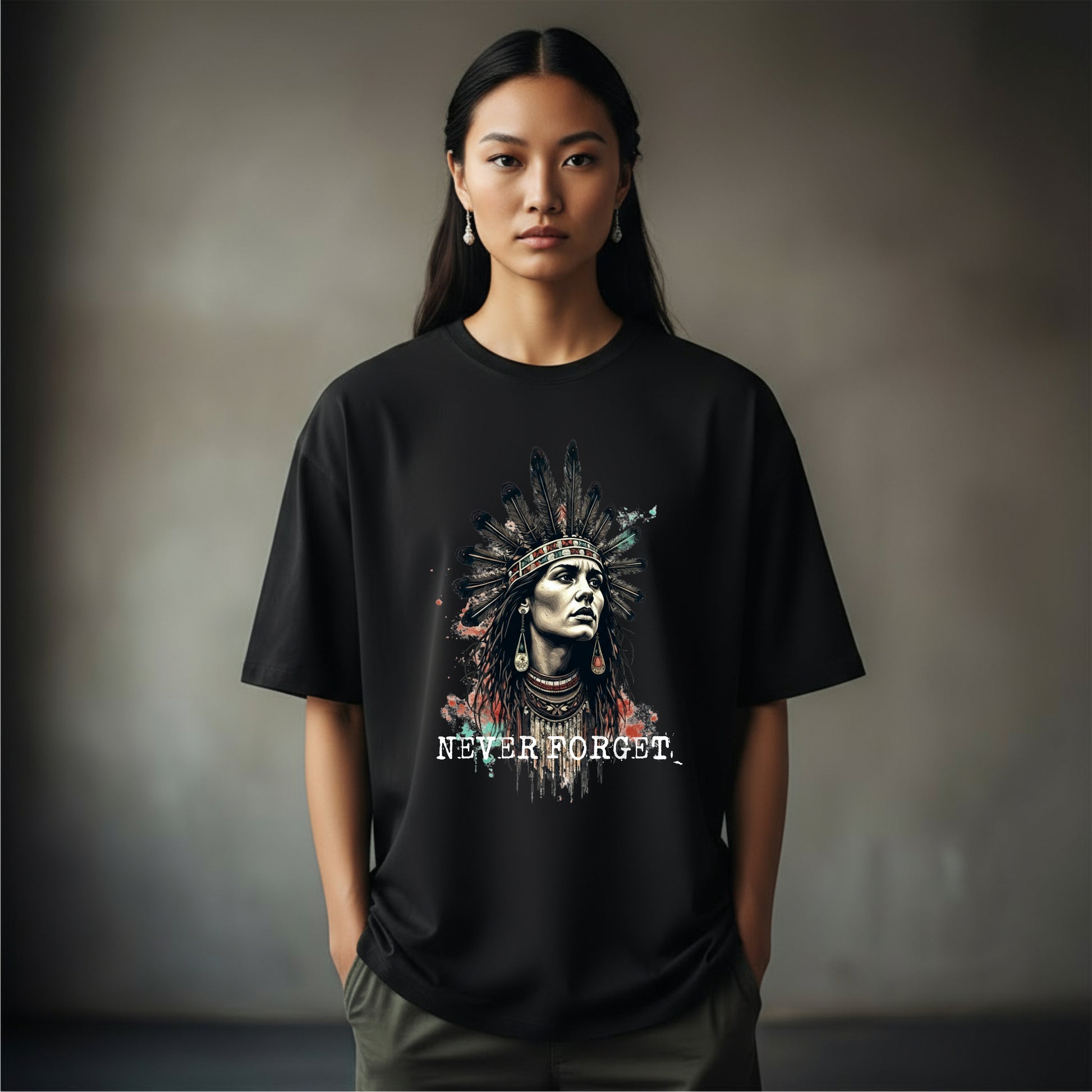 “Black oversized t-shirt featuring a stylized portrait of a Native person in traditional feathered headdress with the text ‘NEVER FORGET.’ Part of the First Nations Edition by History Threads.”
