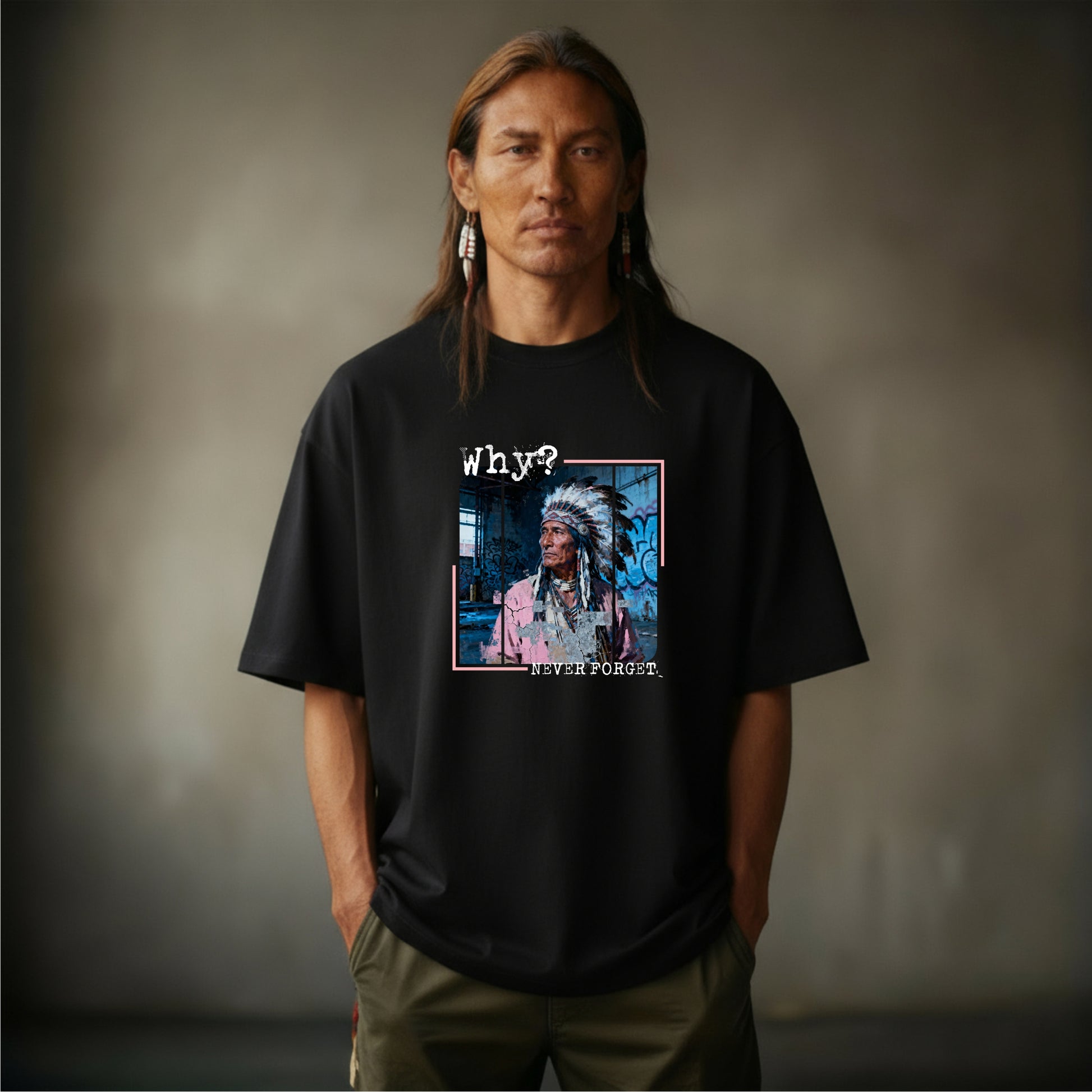 Black oversized unisex t-shirt with bold ‘WHY – We Were First’ print. Native American Edition by History Threads. Ethically printed on organic cotton.”