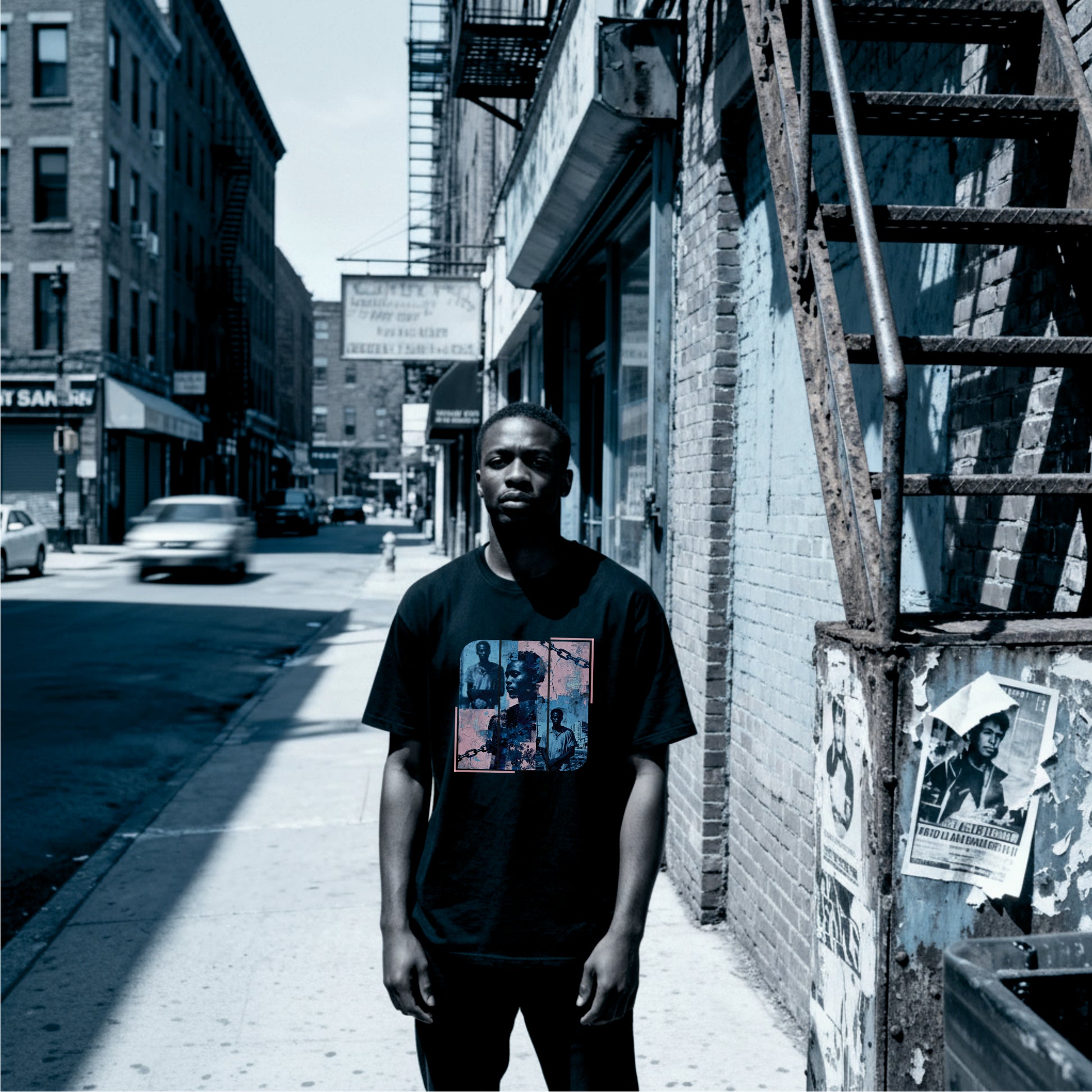 Schwarzes Oversize‑T‑Shirt mit blau‑rosa Portrait‑Collage auf der Vorderseite und großem „WHY?“ auf dem Rücken; Thema: Sklaverei‑Edition.